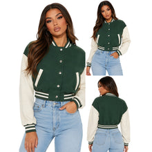 Load image into Gallery viewer, Love Tree Varsity Jacket Womens Small Green Cropped Faux Leather Sleeve Snap