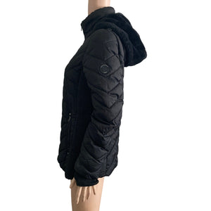 Nautica Puffer Coat Womens Small Black Full Zip Hooded Faux Fur Lined