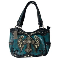 Load image into Gallery viewer, Western Handbag Womens Turquoise Rhinestone Cross Angel Wings Studded Purse
