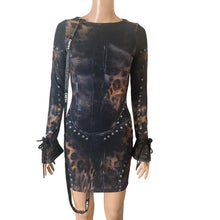 Load image into Gallery viewer, Murci Leopard Mesh Corset Print Mini Dress Studded Bow Sleeve Bodycon US 2 New