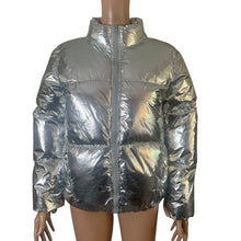 Load image into Gallery viewer, Forever 21 Women’s XS Silver Metallic Puffer Jacket Foil Quilted Short Coat