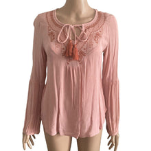 Load image into Gallery viewer, Knox Rose Tunic Top Womens XS Pink Embroidered Tassel Tie V-Neck Bell Sleeve