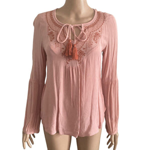 Knox Rose Tunic Top Womens XS Pink Embroidered Tassel Tie V-Neck Bell Sleeve