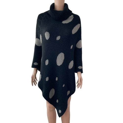 Poncho Shawl Sweater Womens Large Black White Dots Knit Turtleneck