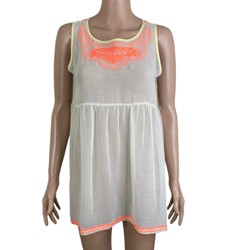 Mystree Shirt Womens Small Sheer White Orange Embroidered Pullover