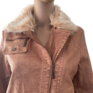 JouJou Jacket Womens Medium Brown Faux Fur Collar Zippers Faux Leather