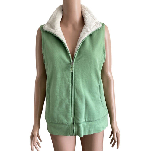 LL Bean Vest Womens Medium Green White Fleece Lined Sleeveless