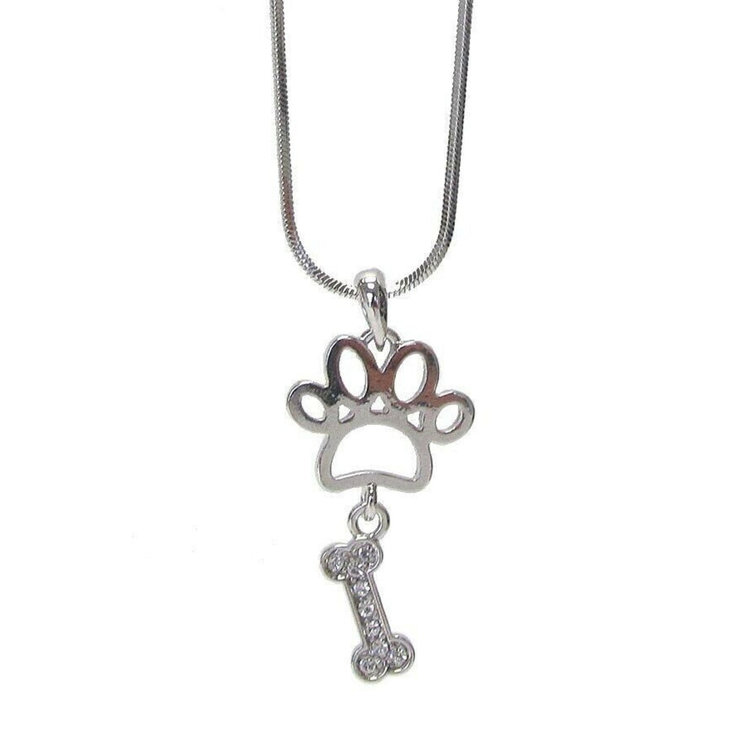 Crystal Dog Paw and Bone Pendant Necklace