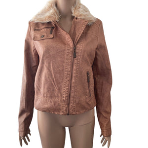 JouJou Jacket Womens Medium Brown Faux Fur Collar Zippers Faux Leather
