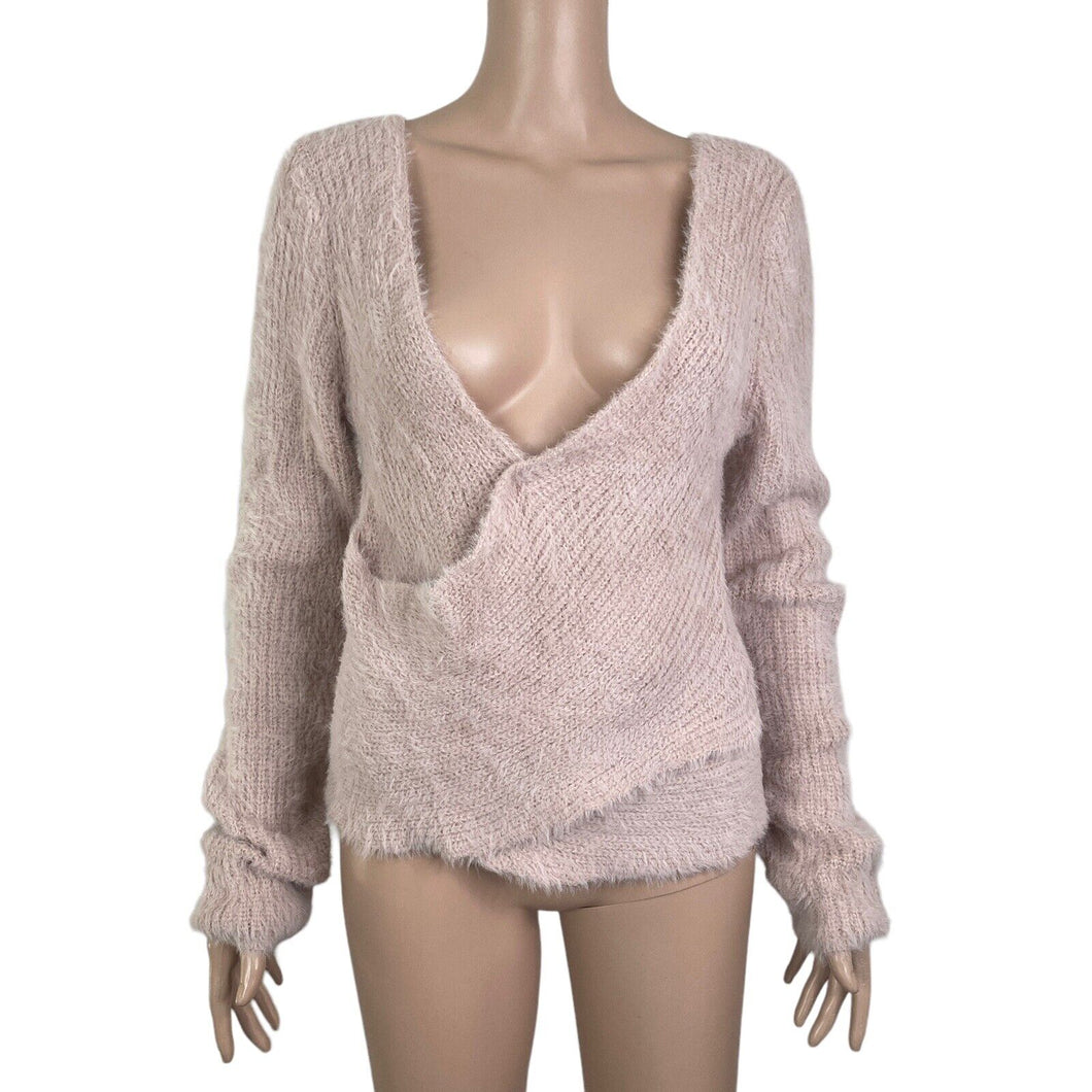 Alya Sweater Womens Large Pink Eyelash Surplice Pullover Stretch