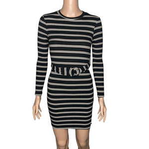 Topshop Dress Womens 4 Petite Black Brown White Striped Form Fitting Belted