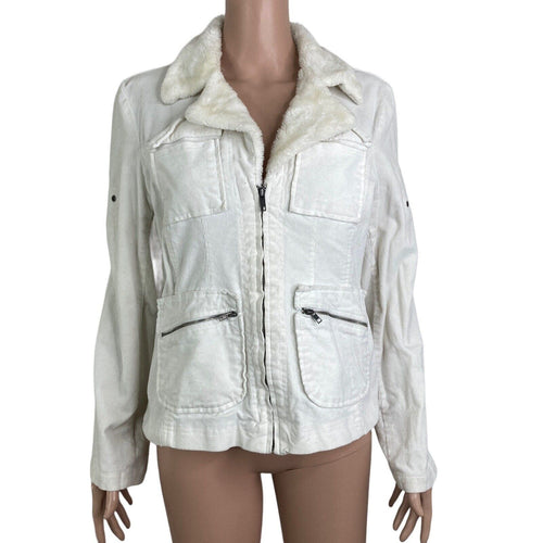 Outer Edge Jacket Womens Size XL White Corduroy Faux Fur Collar