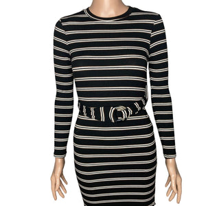 Topshop Dress Womens 4 Petite Black Brown White Striped Form Fitting Belted