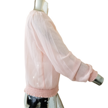 Load image into Gallery viewer, Socialite Blouse Womens Pink Crochet Trim Semi-Sheer Smocked Cuffs/Hem Large NEW