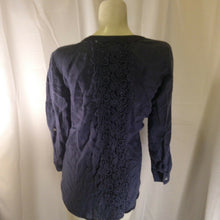 Load image into Gallery viewer, Chicos Womens Blue Button Down Sequinned Shirt w Embroidered Back Chicos Size 1