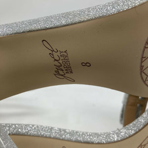 Jewel by Bagley Mischka Silver Glitter Open Toe Shoes Chunky Heel Womens Size 8