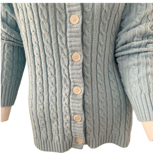 Vintage 70s Womens Sweater Cardigan Cable Knit Light Blue Button Front Medium