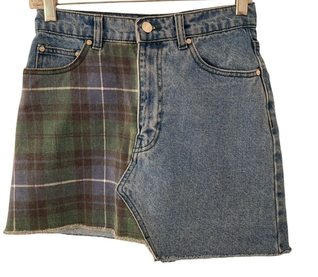 Pull & Bear Denim Skirt Micro Mini two tone plaid Green Blue Small Asymmetrical