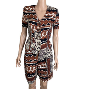 Vintage Francine Browner Shorts 2 Piece Set Women's 5/6 Brown Black Tribal Print