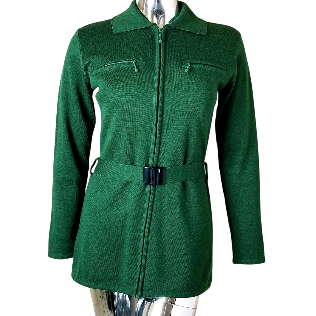 Classiques Entier Womens Green Merlino Wool Full Zip Belted Cardigan Sweater S