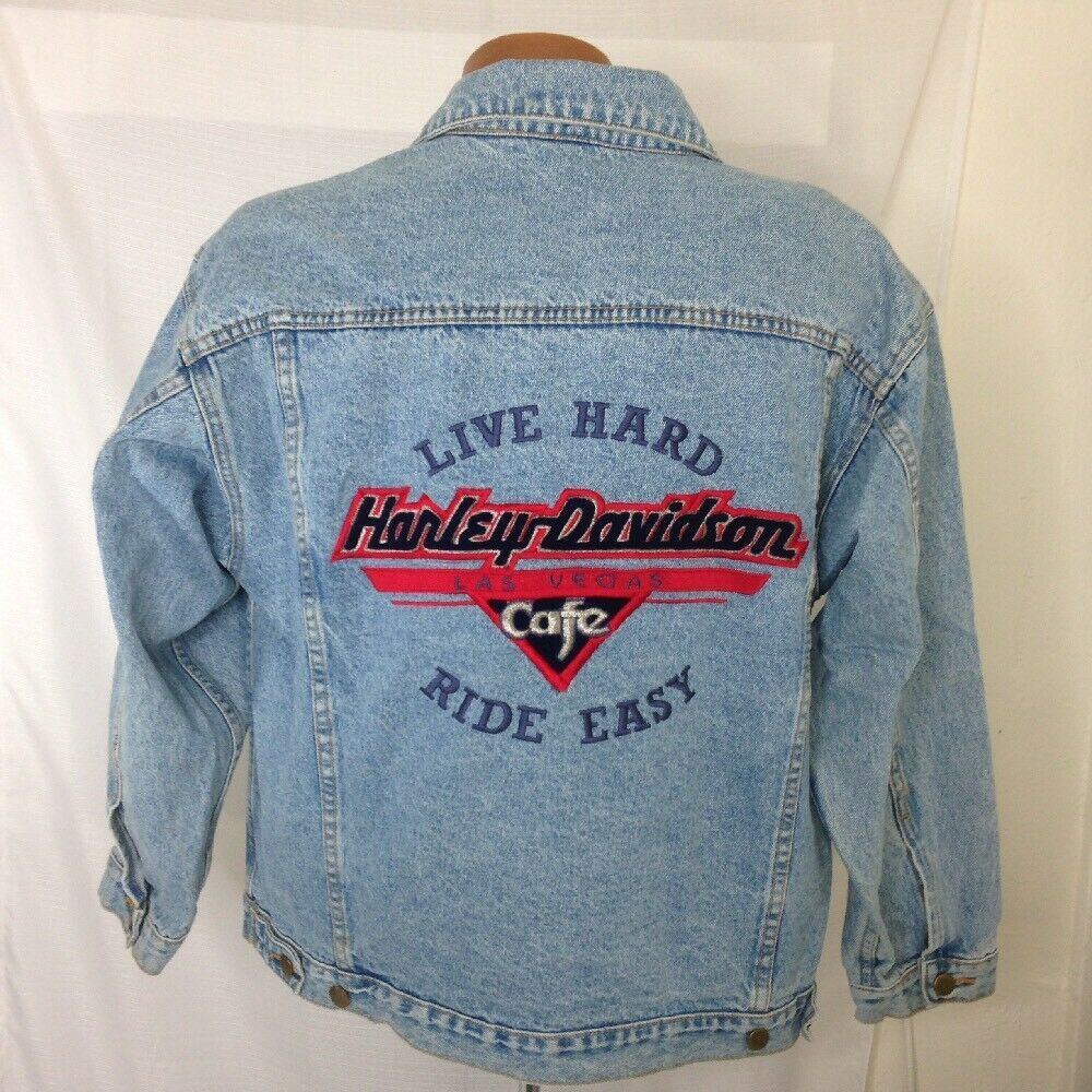 Harley Davidson Cafe Las Vegas Ride Free Mens Blue Denim Jacket Size Small