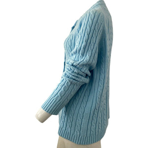 Vintage 70s Womens Sweater Cardigan Cable Knit Light Blue Button Front Medium