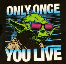 Load image into Gallery viewer, Star Wars Mens Black Green Blue Yoda Only Once You Live Short Sleeve Tshirt S