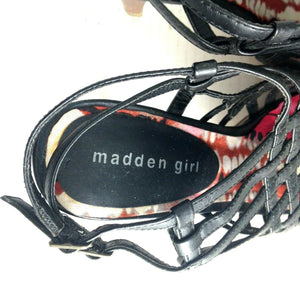 Madden Girl Korral Womens Black Faux Leather Black Peep Toe Strappy Heels 8