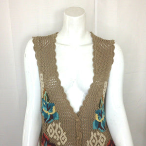 Gina Peters Vintage Crochet Light Brown Embroidered Vest Medium