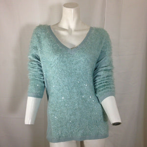 Trouve Womens Light Blue Sequinned Sweater with Light Faux Fur Small