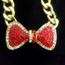 Load image into Gallery viewer, Red &amp; Clear Rhinestone Bow Gold Tone Necklace