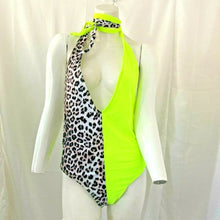 Load image into Gallery viewer, Womens Florescent Yellow Animal Print Halter One Piece Swimsuit Medium
