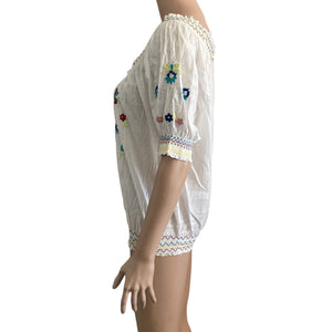 John Paul Richard Uniform Shirt Womens Size Medium White Multicolored Embroidery