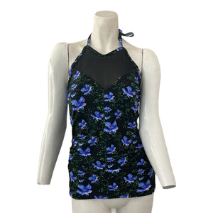 Tankini Swim Top Floral Womens Black and Purple Medium