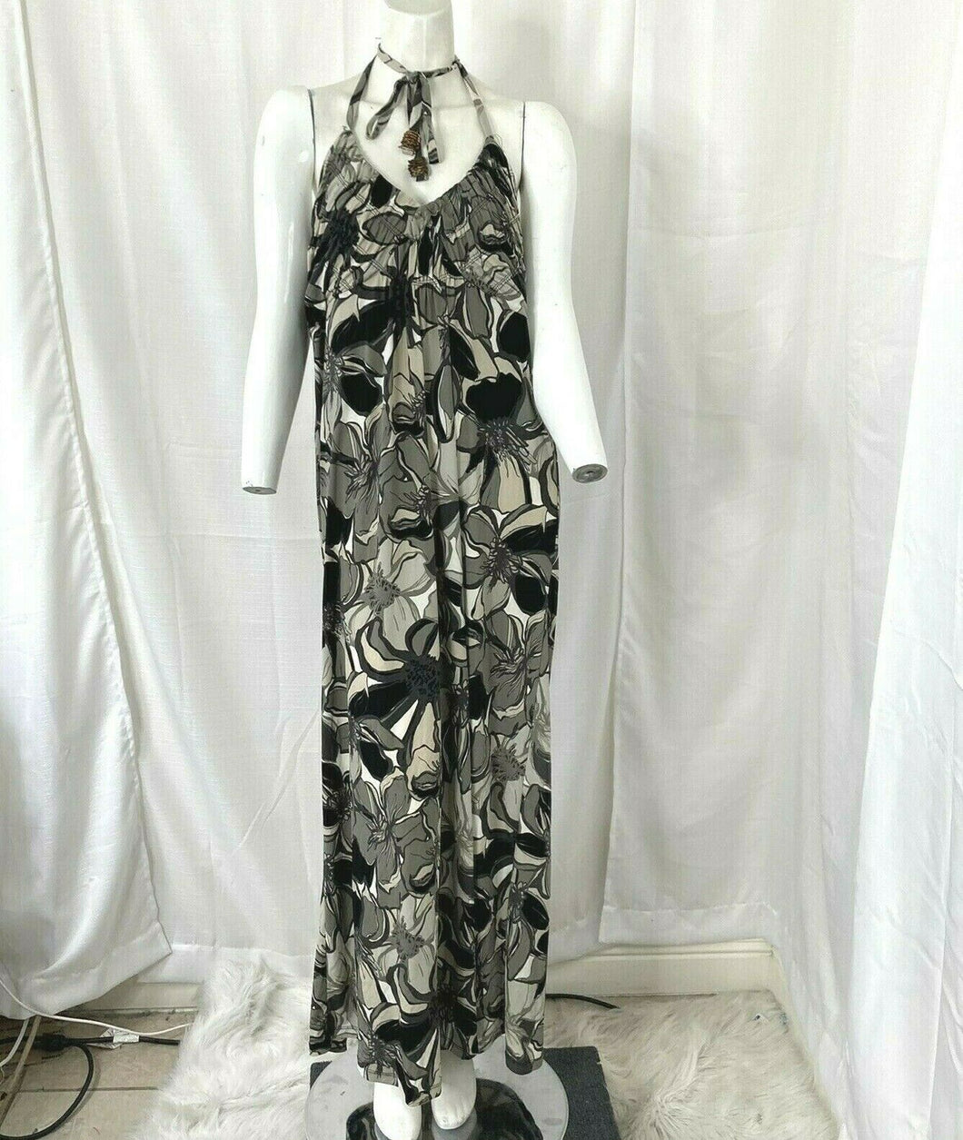 Elle Womens Gray Black White Floral Halter Dress Size Large