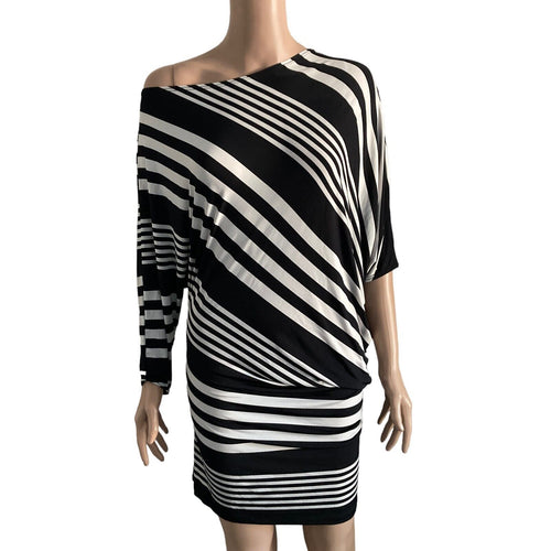 Voxx Dress Womens Small Black White Striped Bodycon Stretch Off Shoulder