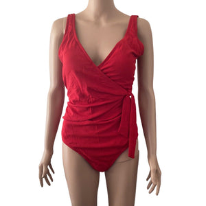 Tommy Bahama Pique Colada Swimsuit Red One Piece Ribbed Bow Womens Size 14