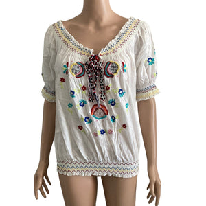 John Paul Richard Uniform Shirt Womens Size Medium White Multicolored Embroidery