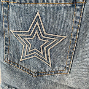 H&M Coachella Shorts Denim Size 8 Medium Wash Silver Embroidered Stars Colab