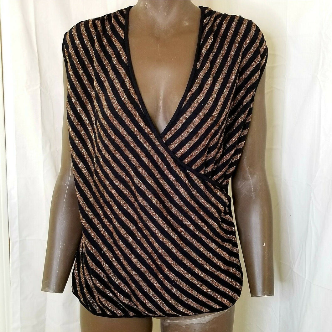 Womens Black Metallic Sparkle Plunging Neckline Pullover Sleeveless Striped Top