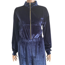 Load image into Gallery viewer, Fabletics Jumpsuit Womens Large Velour Wide Leg Navy Blue Zip Front New