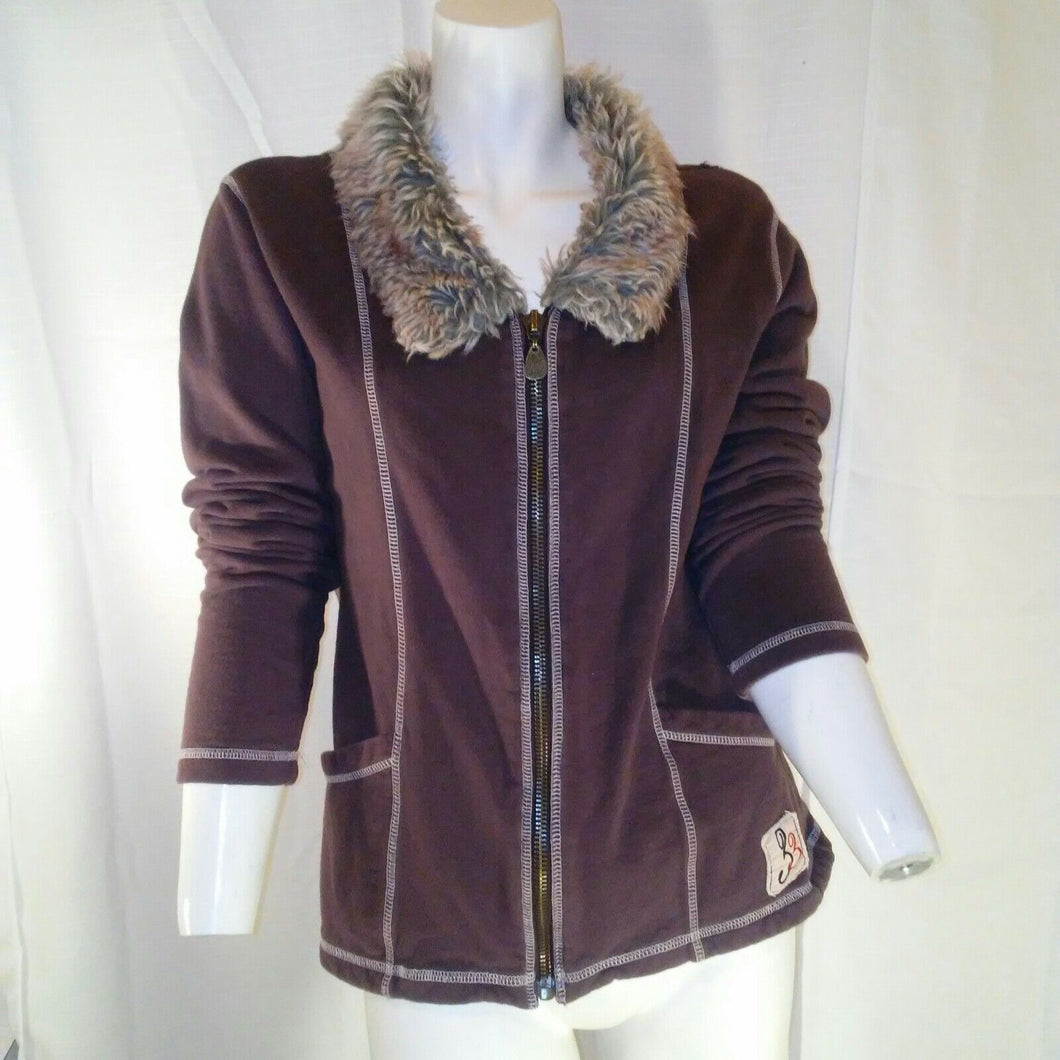 Freddy B33 Womens Brown Sweat Jacket w Faux Fur Collar Large