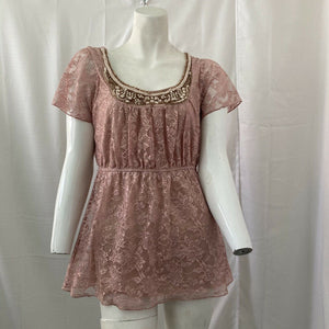 Studio Y Womens Pink Fancy Laced Beaded Pullover Blouse Small