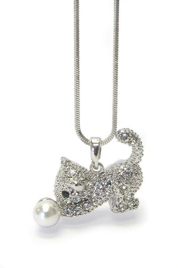 Womens Rhinestone Faux Pearl Cat Pendant Necklace