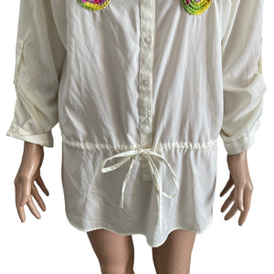 Vintage C&A Blouse Womens Extra Large White Embroidered Colored Circles