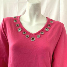 Load image into Gallery viewer, Quacker Factory Womens Pink Rhinestone Neckline Shirt Size Small