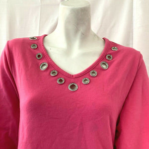 Quacker Factory Womens Pink Rhinestone Neckline Shirt Size Small