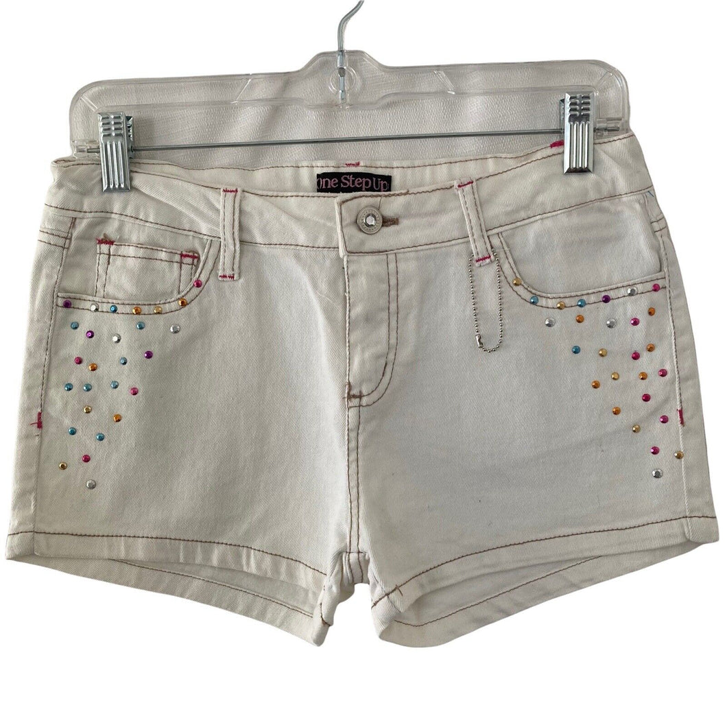 One Step Up Shorts Denim Girls Size 16 white Gems Rhinestones Stretch