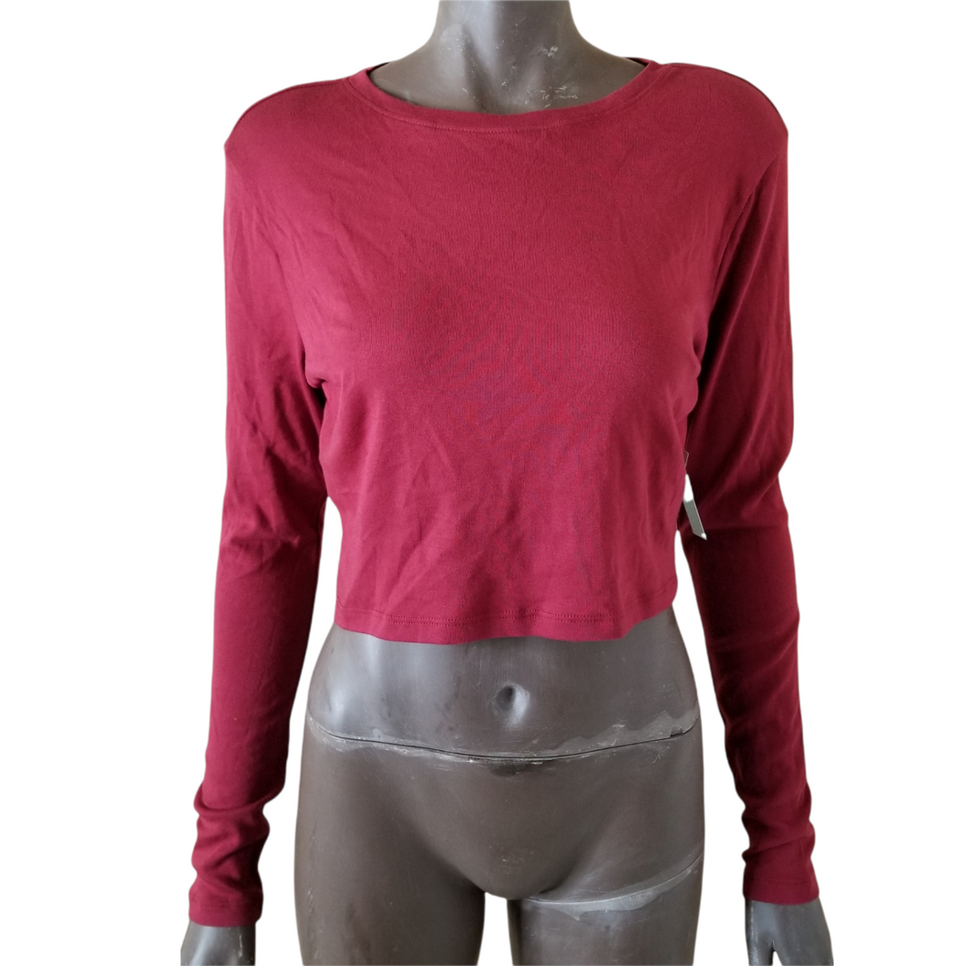 ABOUND Crop T-Shirt Top Womens Maroon Red Round Neck Long Sleeve Large NEW