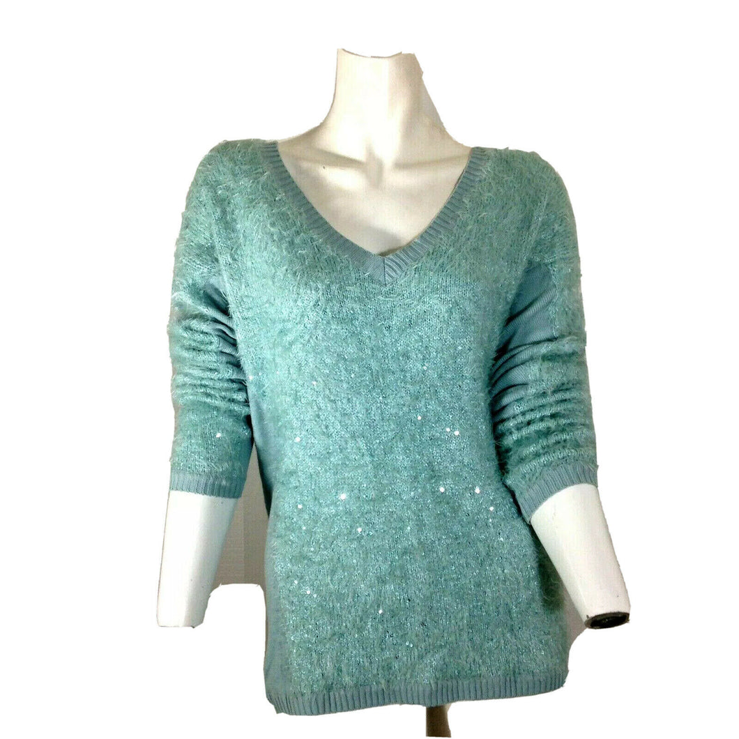 Trouve Womens Light Blue Sequinned Sweater with Light Faux Fur Small